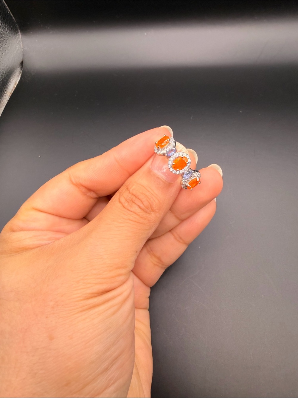 925 Sterling Silver Fire Opal Tanzanite & Moissanite Ring Size 9. - Picture 7 of 11